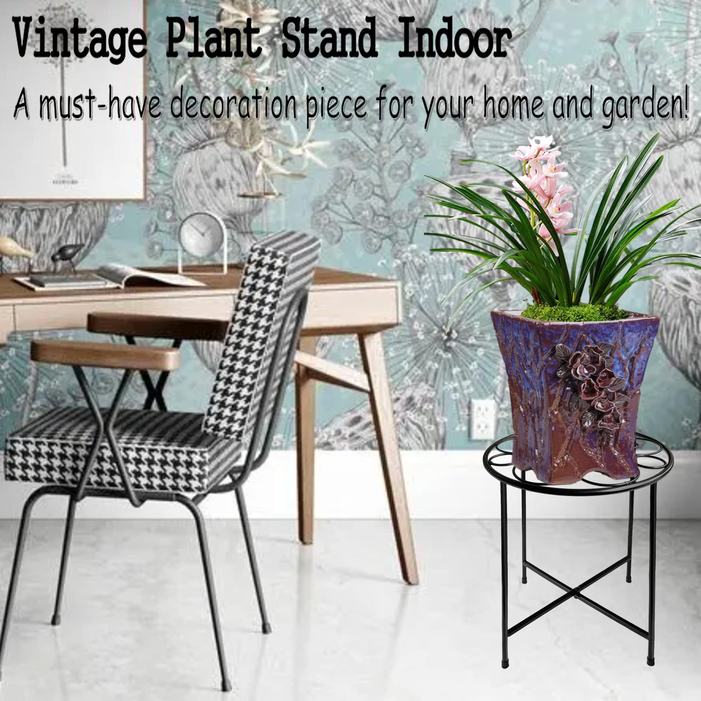 ZEECER Plant Stand, Round Plant Stands Indoor Outdoor, Retro Design 15'' Tall Plant Stand, Rust-proof Coated Metal Plant Pot Stand Flower Stands for Indoor Plants Patio Garden Home Decor Set of 1