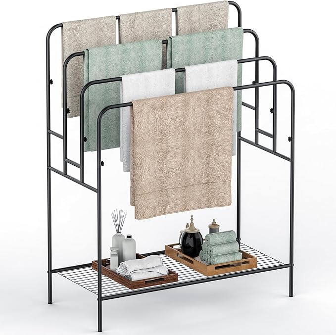 44" Extra Large Free Standing Towel Rack - 4 Tier Outdoor Pool Towel Holder, Versatile Blanket and Quilt Rack Stand for Living Room, Bathroom, Bedroom, Beach, Hot Tub, Gym and Pool Area Outside