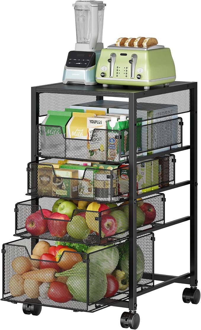 5-Tier Kitchen Utility Storage Cart with Adjustable Wood Top (Tabletop or Basket), Fruit Vegetable Storage Rack with Wheels & Drawers, Metal Rolling Pantry Cart, Kitchen Organizer for Snack Can Potato