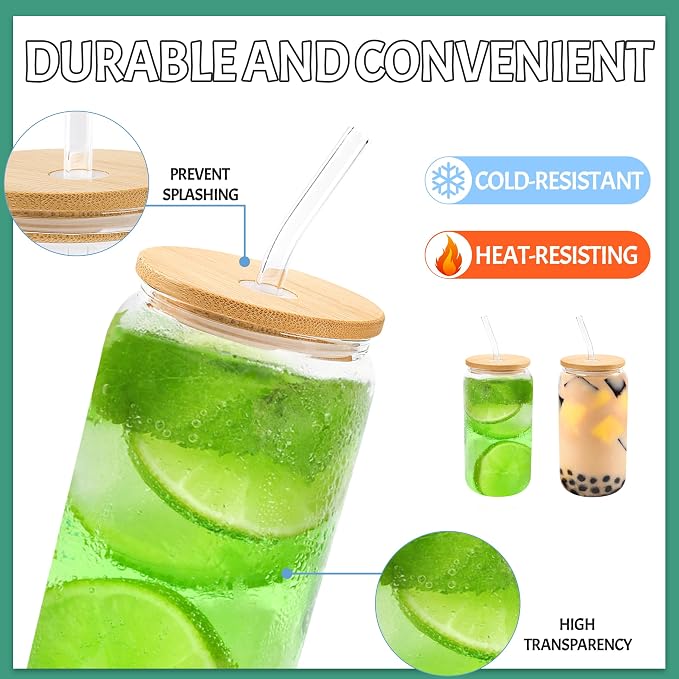 Joyclub 12 Set Glass Cups with Bamboo Lids and Glass Straws 16oz Can Shaped Reusable Clear Iced Coffee Glasses Bulk Set Drinking Jars wholesale for Party Weddings Cafes Boba Shops Gifts DIY