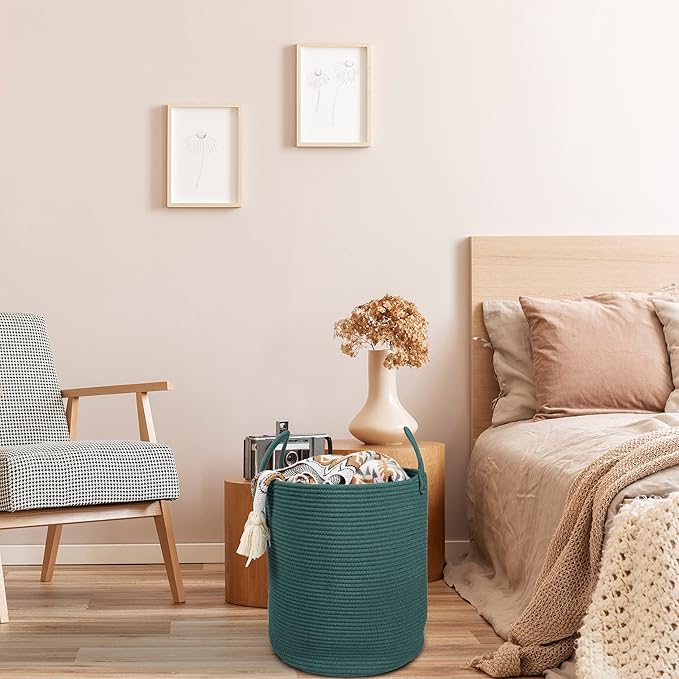 XUANGUO Cotton Rope Laundry Basket Hamper for Clothes Woven Storage Basket for Living Room Bedroom Boho Tall Rope Baskets for Blanket Toys Pillow Towels Baby Nursery Hamper Bin Large dark green