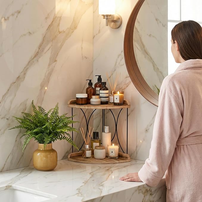Goaste 2-Tier Bathroom Counter Organizer, Wood Vanity Corner Shelf, Skincare Storage Standing Tray, Kitchen Countertop Spice Rack, Makeup Perfume Holder for Bathroom Organization, Dresser, Kitchen