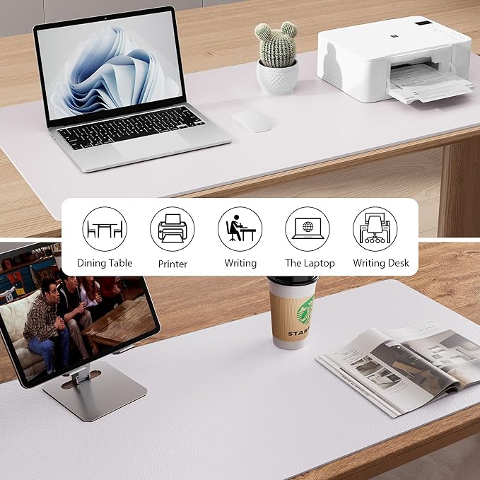 Aothia Faux Leather Desk Mat - Non-Slip PU Leather Desk Blotter, Waterproof Writing Surface, Large Desk Pad for Office & Home (Pale Lavender White, 55" x 24")