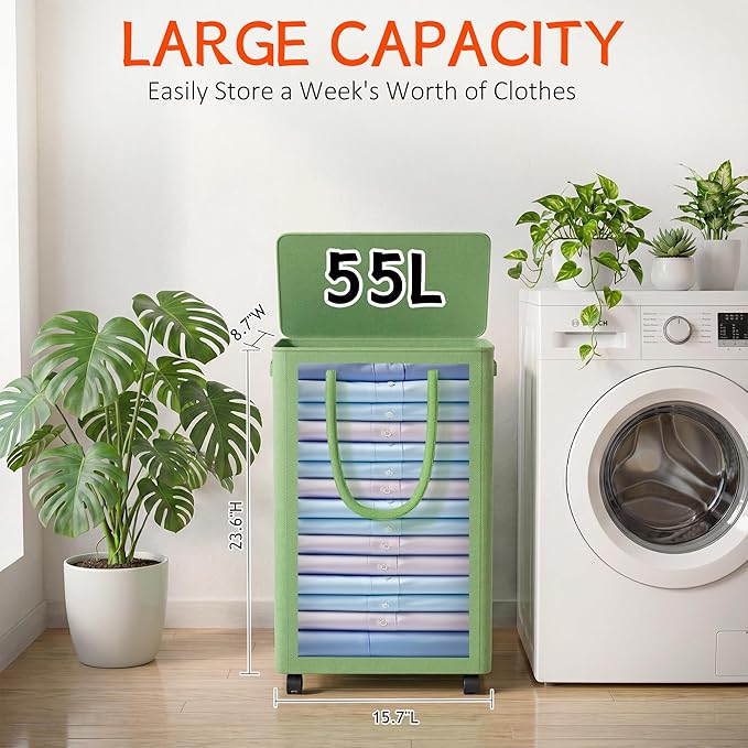 Slim Laundry Hamper with Wheels,15 Gal (55L) Rolling Laundry Basket with lid and wheels Clothes Hamper Foldable Tall Dirty Clothes Basket Sturdy Collapsible Clothes Hamper for Dorm,Laundry Room