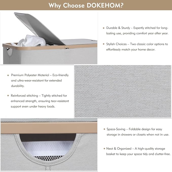 DOKEHOM 160L Extra Large Laundry Hamper with Lid, 2-Section Double Laundry Basket with Removable Mesh Liner Bags, Collapsible Clothes Sorter for Family, Bedroom, Laundry Room, Light Grey