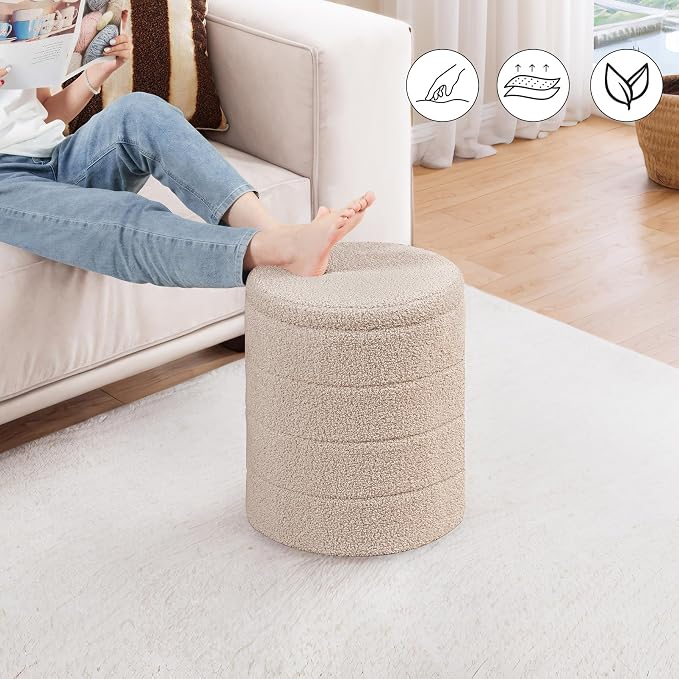 PINPLUS Round Storage Ottoman Foot Rest Stool with Tray Velvet Sherpa Folding Storage Ottoman,Boucle Foot Rest for Living Room, Bedroom, Dorm（Beige）