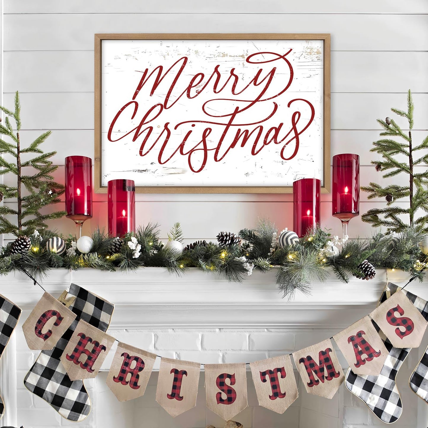 pechpell Merry Christmas Wall Decor Art Framed, 23.6×15.7 Inch Large Wooden Merry Christmas Sign, Xmas Holiday Indoor Living Room Bedroom Office Mantel Rustic Farmhouse Decorations for Home Kitchen