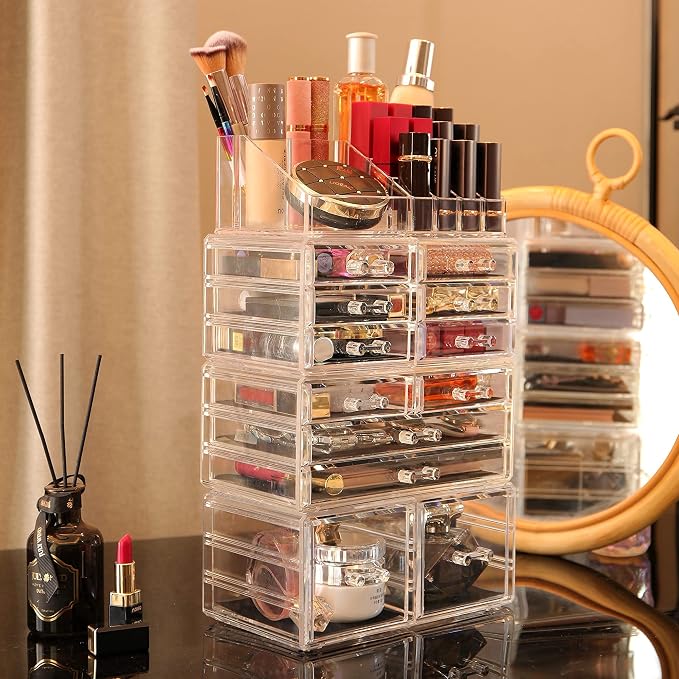 Cq acrylic 4 Pack Clear Makeup Organizer Countertop,Stackable 12 Drawers Skincare Organizer,Cute Skin Care Organizer for Vanity Hair Clip,Jewelry,Beauty Product Desk and Make Up Organizers for Vanity