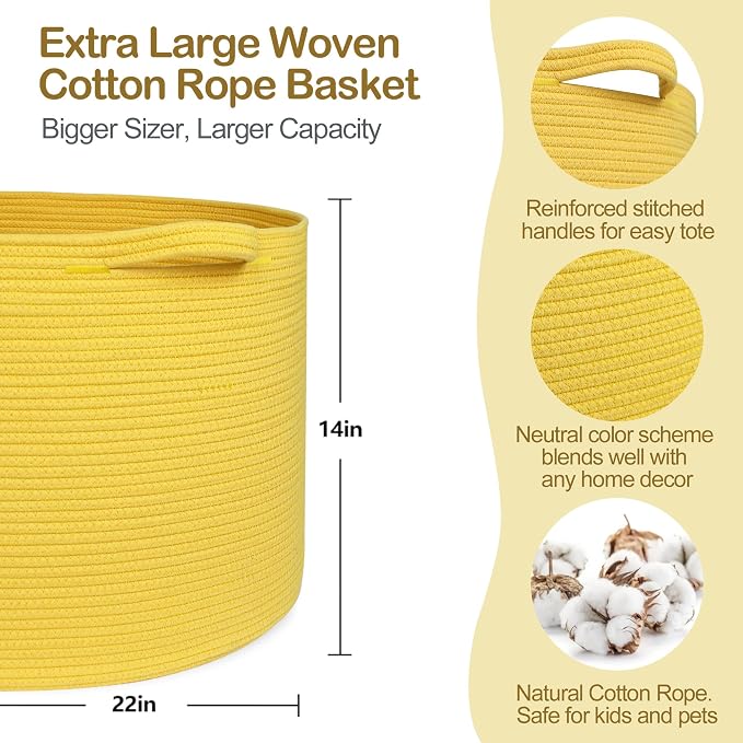 MEGASKET Extra Large Yellow Basket, 22” X 22” X 14” Cotton Rope Yellow Decor for Living Room Bedroom, Woven Basket for Blanket, Laundry, Towel, Shoe, Baby Nursery Toy Organizer, Room Decor Storage Bin