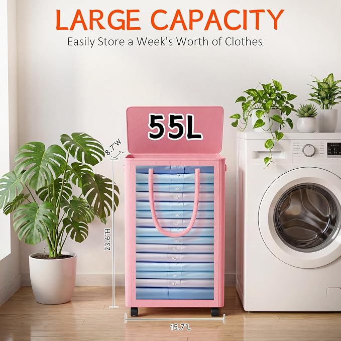 Slim Laundry Hamper with Wheels,15 Gal (55L) Rolling Laundry Basket with lid and wheels Clothes Hamper Foldable Tall Dirty Clothes Basket Sturdy Collapsible Clothes Hamper for Dorm,Laundry Room