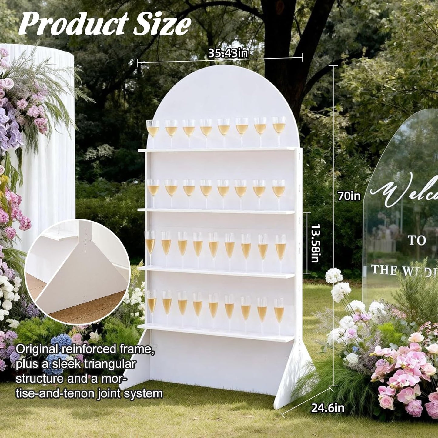 Sicrifety 5.9 ft 4-Tier Champagne Wall Holder for Party, White Wedding Arch Backdrop Stand Holds 32 Glasses, Freestanding Champagne Wall for Wedding Reception & Event Decor