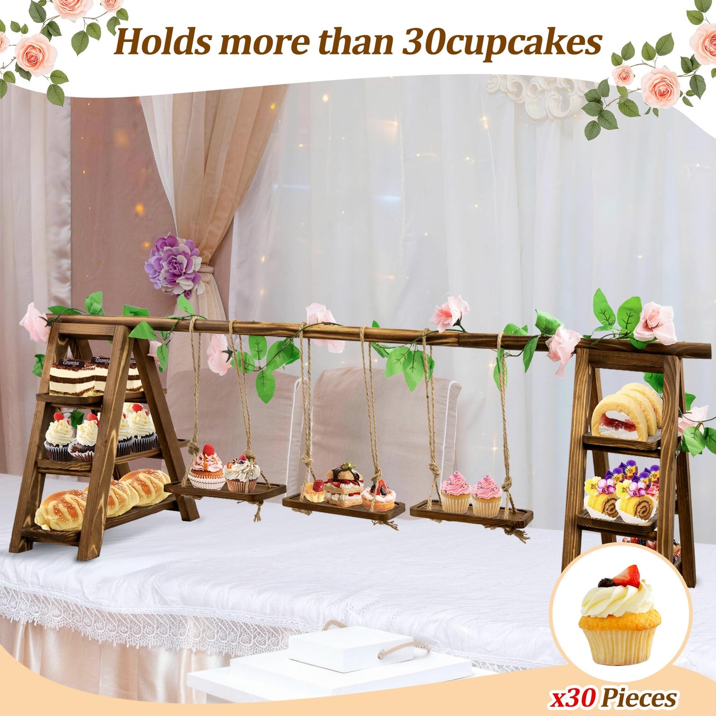 meiqidi Foldable 3-Tier Wooden Cake Stand with Removable Trays & Flower Decor - Display for Cupcakes, Desserts, Fruit, Snacks, Party & Catering Food Presentation