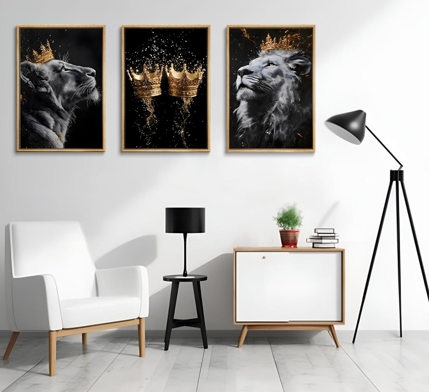 3 Pieces Lion Canvas Wall Art Golden crown with lion Poster print Modern Motivational Black And White Lion Pictures Wall Decor for Living room Office Decoration Unframed