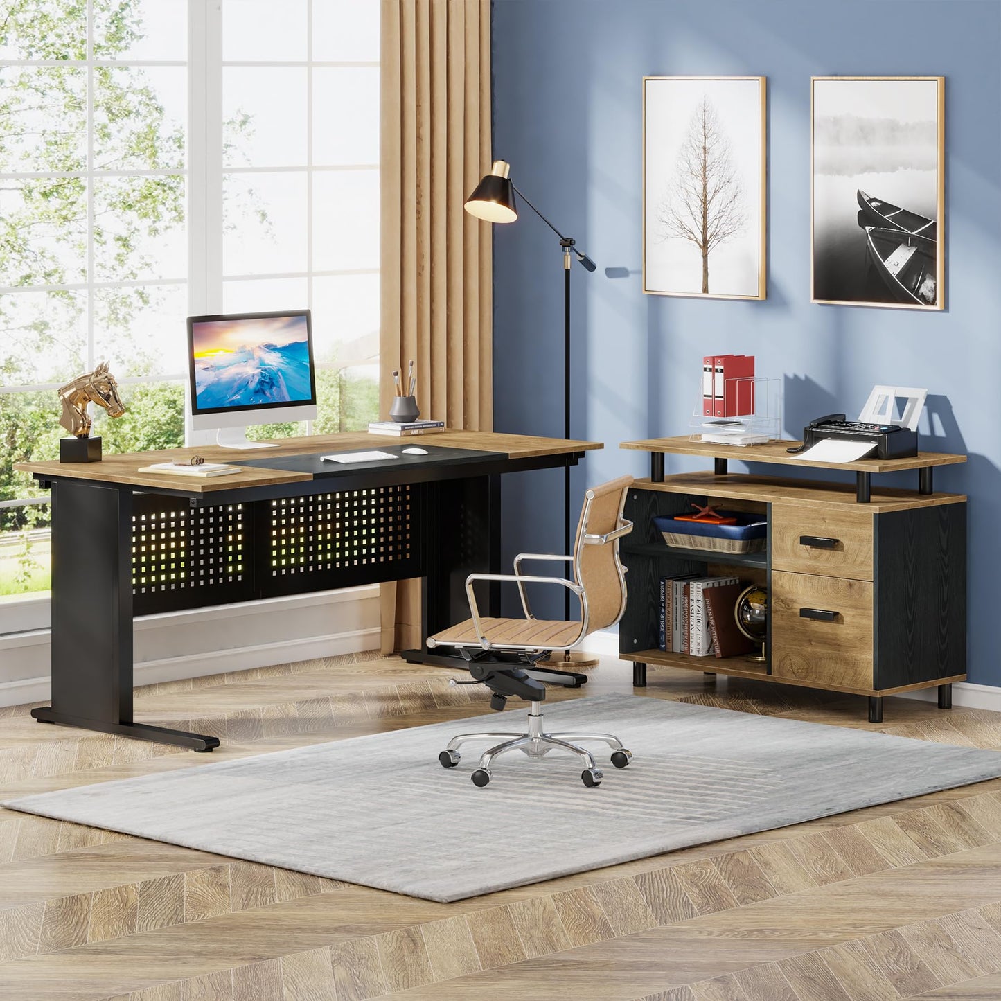 Tribesigns 63 Inch Executive Desk with File Cabinet, Large Office Desk L Shaped Computer Desk with Drawers and Storage Shelves, Business Furniture Desk for Home Office, Wood Color and Black
