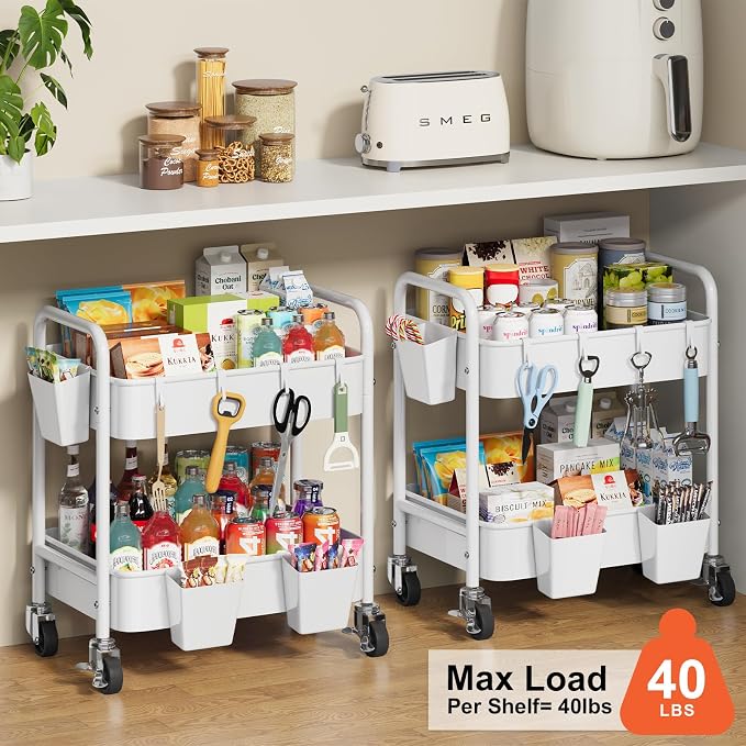 2 Tier Small Rolling Cart Metal with Wheels, White Under Desk Storage Cart on Wheels, Short Utility Roller Caddy Carts Organizer for Art,Craft,Pantry,Bathroom, Two Tiered Shelf Trolley, 22 Inches Tall