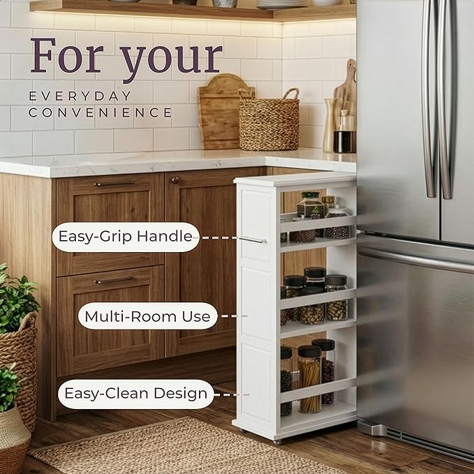Lavish Home 3-Tier Slim Rolling Storage Cart - 16.7” x 9” Narrow Rolling Cart with Handle and Wheels for Bathroom, Laundry Room, and Kitchen Organization - Pull-Out Home Organizers (White)