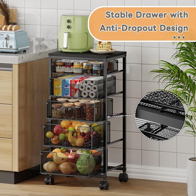 Kitchen Storage Cart with Drawer, 5-Tier Fruit Vegetable Storage Cart, Kitchen Organizer and Storage Cart with Wheels, Wooden Top Metal Wire Pantry Storage Cart rack for Fruit Snack Onion Potato