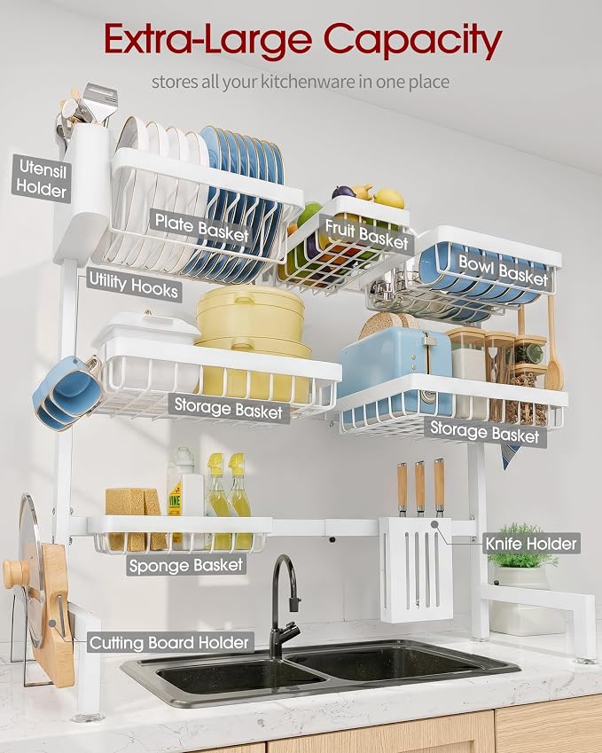 Sakugi Dish Drying Rack - Over The Sink Dish Drainer Drying Rack with Utensil & Knife Holder, Hooks, Stainless Steel Kitchen Organizers and Storage Solution, 11.8" D x 31.5"~39.0''W x 30" H, White