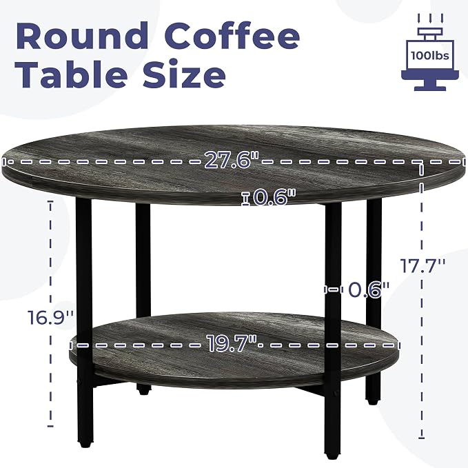 FAMIDGE Coffee Table, 27.6“ Circle Coffee Tables for Living Room, 2 Tier Round Coffee Table with Storage, Wood Accent Center Floor Table for Bedroom, Industrial Home Office, Elegant Gray