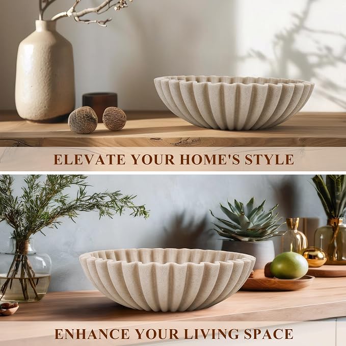 YMXYJM Large Decorative Bowl, Modern Handicraft Bowls for Home Decor, Fruit Bowl for Kitchen Counter, Ruffle Decor, Stylish Key Bowl for Entry Table, Artificial Stone Beige