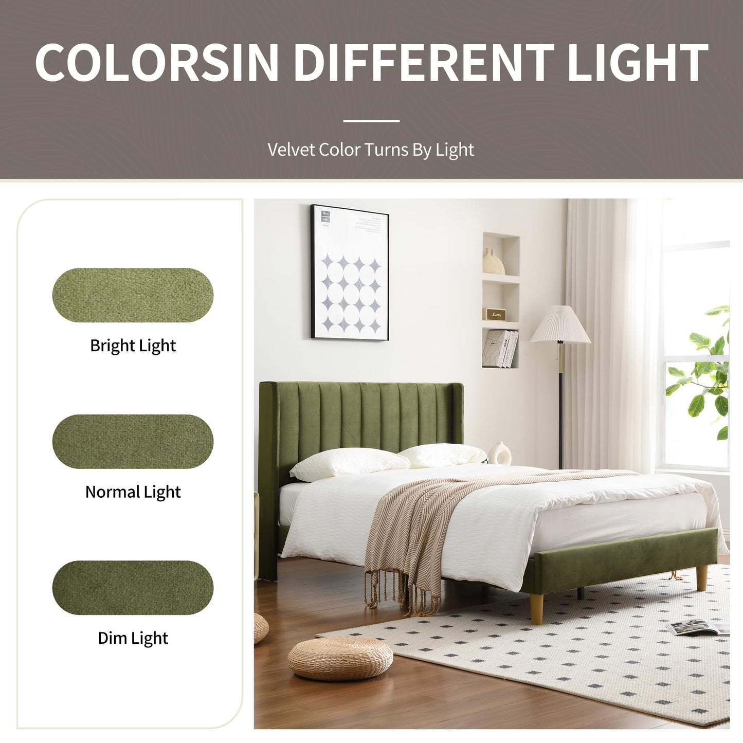 YUHUASHI upholstered Platform Bed Frame/Full Bed Frame/Modern Geometric Double-Wing Design headboard/Velvet Fabric/Easy to Assemble no Noise (Grass Green, Full)