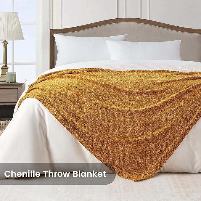 BOURINA Chenille Throw Blanket for Couch Sofa Chair Bed Home Decoration, Soft Warm Cozy Blanket for All Season（50" x 60", Yellow）