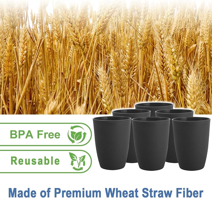 Wheat Straw Cups Sets of 6, Plastic Cups Reusable, Drinking Cup for Kitchen, Small Kids Cup, Unbreakable Water Cup, Dishwasher Safe Plastic Glasses for Kitchen, Camping, School (Black)
