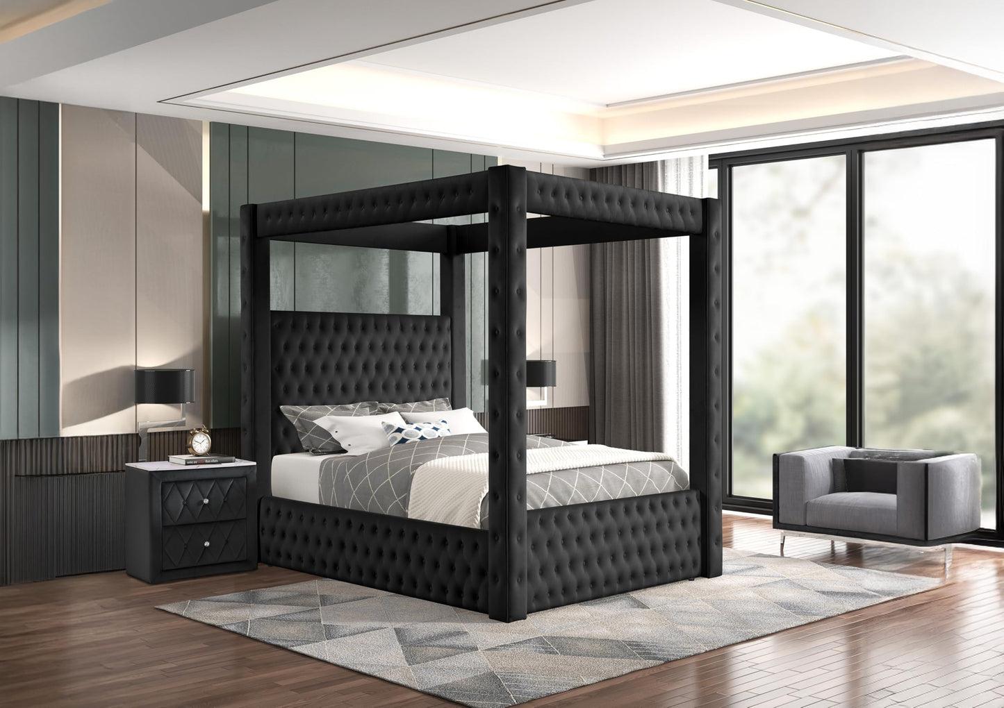 Wirktive Velvet Canopy Bed Frame King - Upholstered Four Poster Bed Frame with Tufted Headboard and Footboard, Luxury Bed Frame with Wood Slats for Bedroom Furniture, Box Spring Required, Black