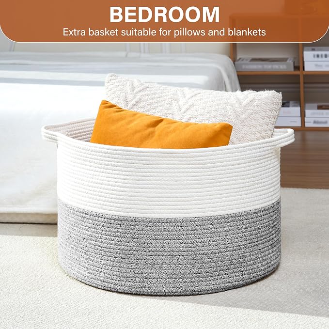 Foldable Laundry Hamper Basket with Collapsible Handle Cotton Rope Soft Woven Fabric Storage Organizer Clothes Toys Nursery Bedroom Dorm Space Saving Bin (White & Light Grey, 65L(19.7"D x 12.6"H))