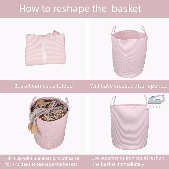 XUANGUO Cotton Rope Laundry Basket Hamper for Clothes Woven Storage Basket for Living Room Bedroom Boho Tall Rope Baskets for Blanket Toys Pillow Towels Baby Nursery Hamper Bin Large light pink