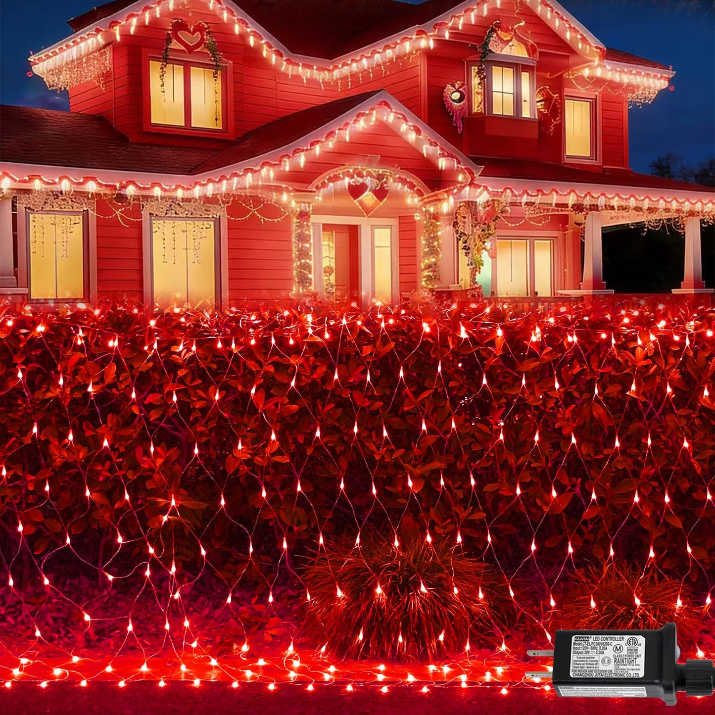 YEGUO Net Lights Outdoor Mesh Lights, 12ft x 5ft 360 LED Red Valentine‘s Day Light Outdoor Waterproof, 8 Modes Connectable Clear Wire Christmas Bush Light Plug in