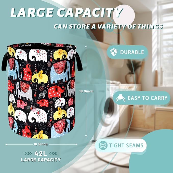 Colorful Elephant Laundry Basket Foldable With Handles Boho Animal Tote Bag Oxford Cloth Funny Laundry Hamper Clothes Storage Bucket Toy Organizer 18.9"x16.5" For Bathroom/Laundry/Bedroom