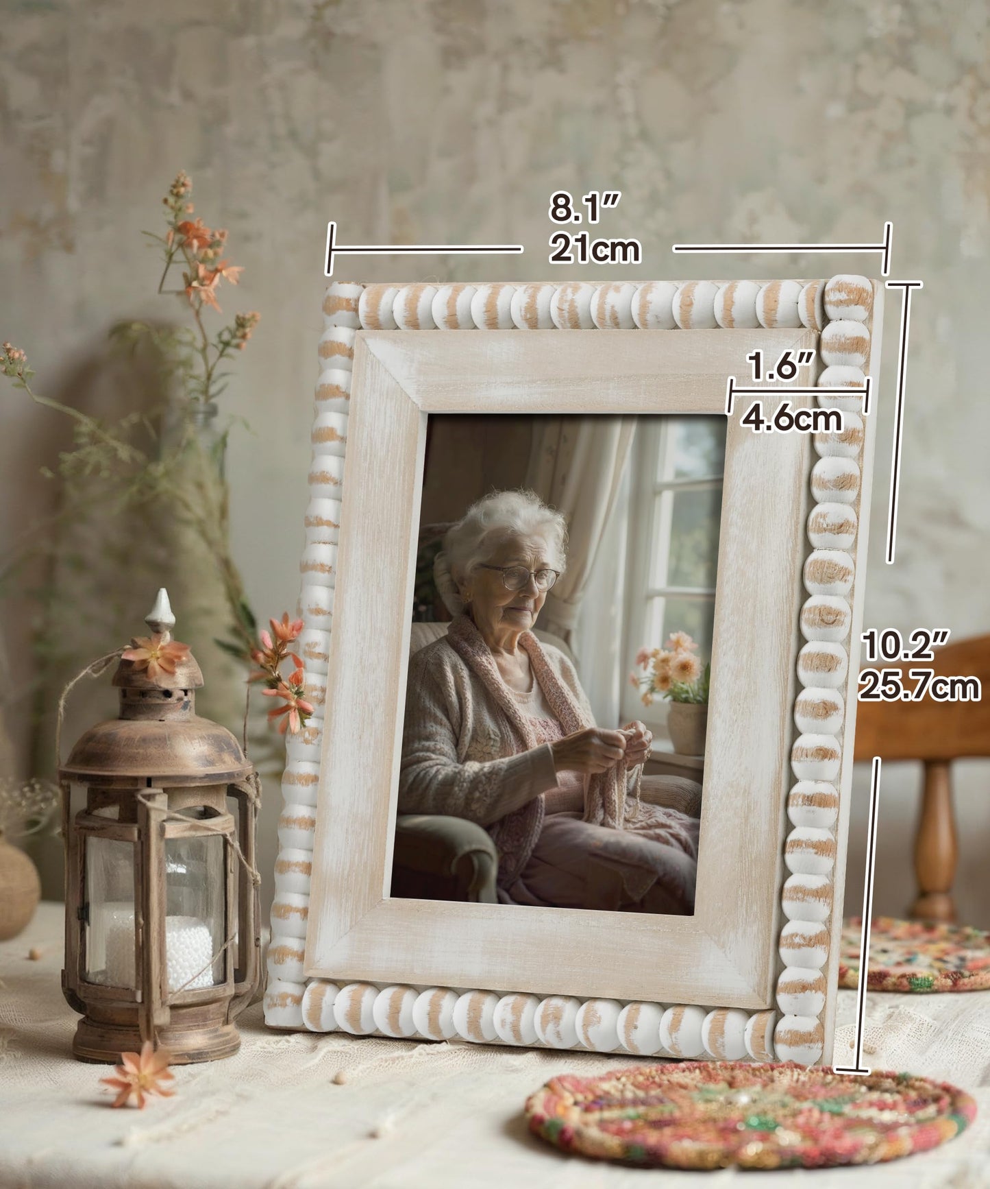 Afuly 5x7 Farmhouse Picture Frame Boho White Beads Photo Frame Wooden Distressed Wall Hanging Desk Standing Decor Artwork Personalized Birthday Gifts for Family, Couple, Friends