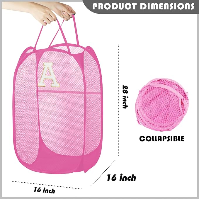 Collapsible Pop Up Laundry Hamper, Extra Large with Removable Initial Letter A, Mesh Foldable Laundry Basket, 28" x 16" x 16" (Pink)