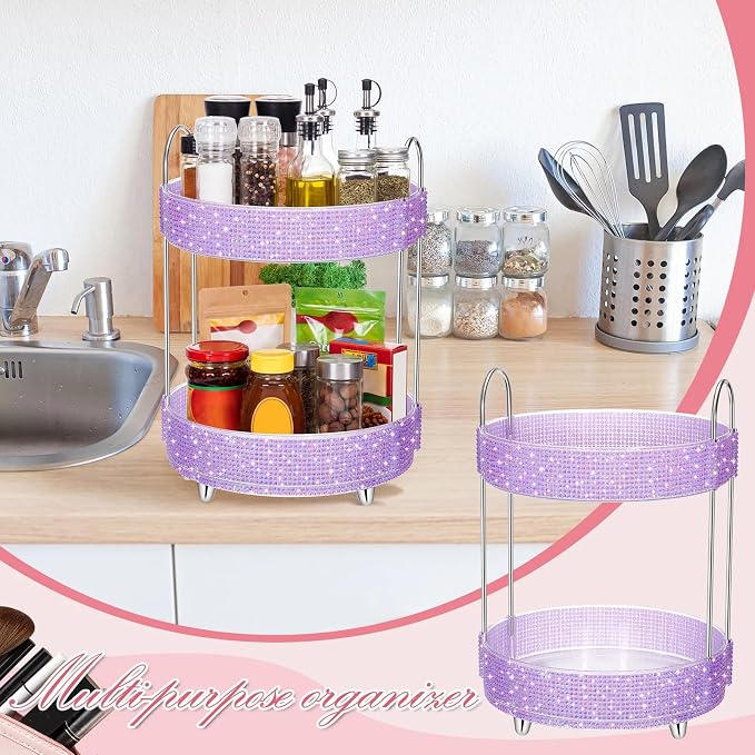 Honeydak 360 Rotating Perfume Organizer Gift for Women, Rhinestone Preppy Skincare Organizer Bathroom Counter Makeup Holder Skincare and Perfume Storage for Cosmetic(2 Tiers,Resin Diamond,Purple)