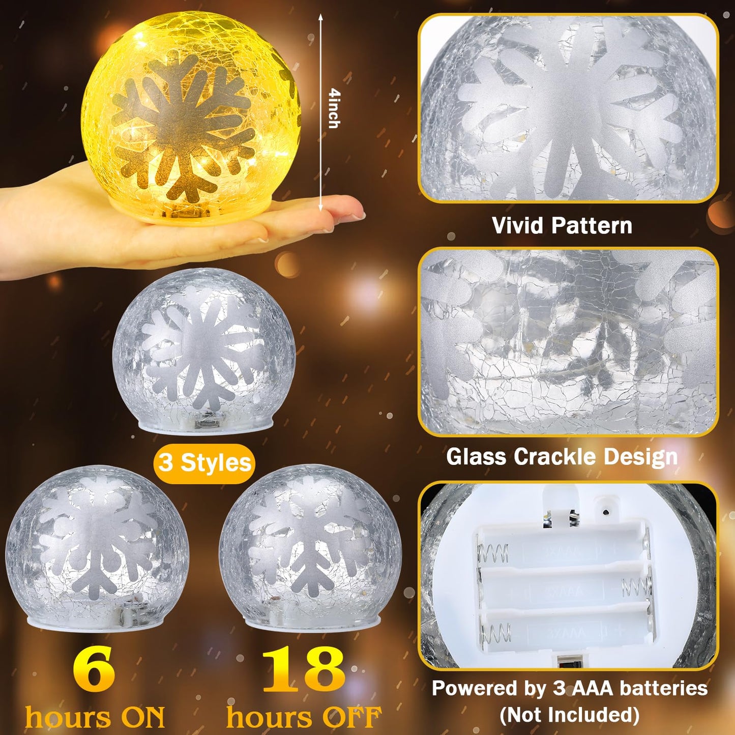 Tujoe 3 Pcs Winter Decorations Indoor 4 Crackle Snowflakes Glass Globe Ball Lamp Night Lights with LED Timer Battery Operated Lighted Decorative Tabletop Decor for Table Home Centerpiece Party Gift