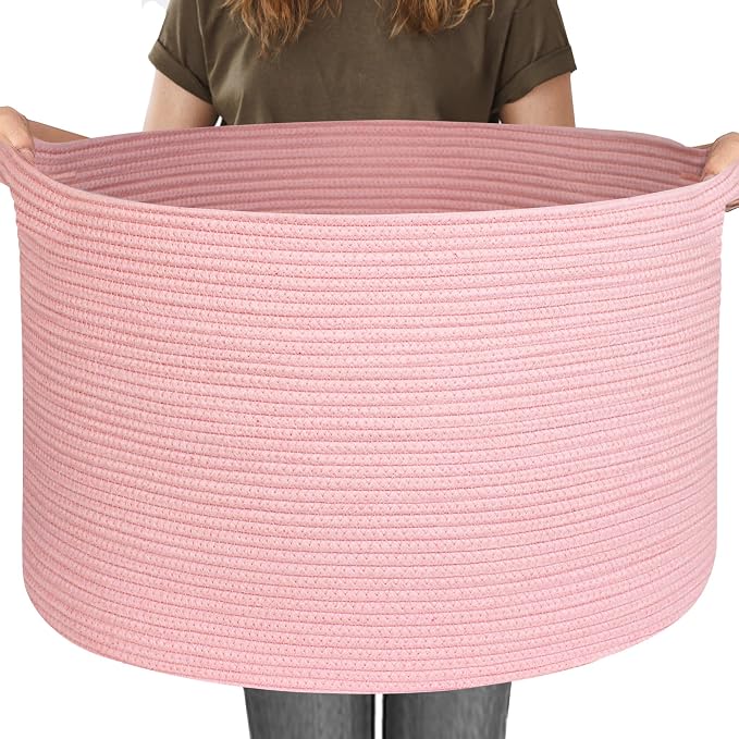 MEGASKET 115L Oversized Pink Basket, 23.6"x15.7" Woven Cotton Rope Bin with Handles, XXXL Blanket Storage for Living Room, Kids Toy Storage Bin Box, Baby Laundry Basket for Organizing, Pink Room Decor