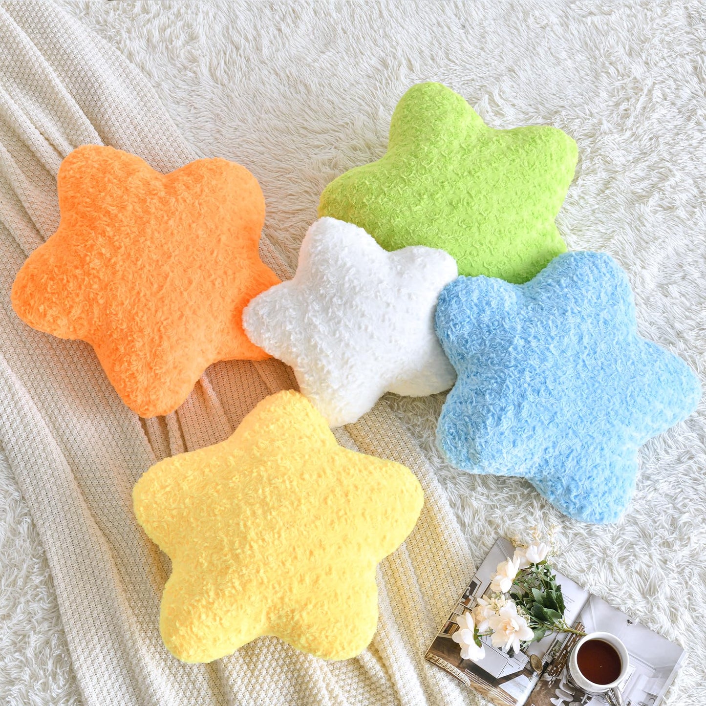 ZCNYCLAM Star Pillow, 14.9" Star Shaped Plush Pillow for Couch Bed Sofa, Cute Decorative Throw Pillows with Soft Faux Fur Room Decor for Bedroom Living Room (White)