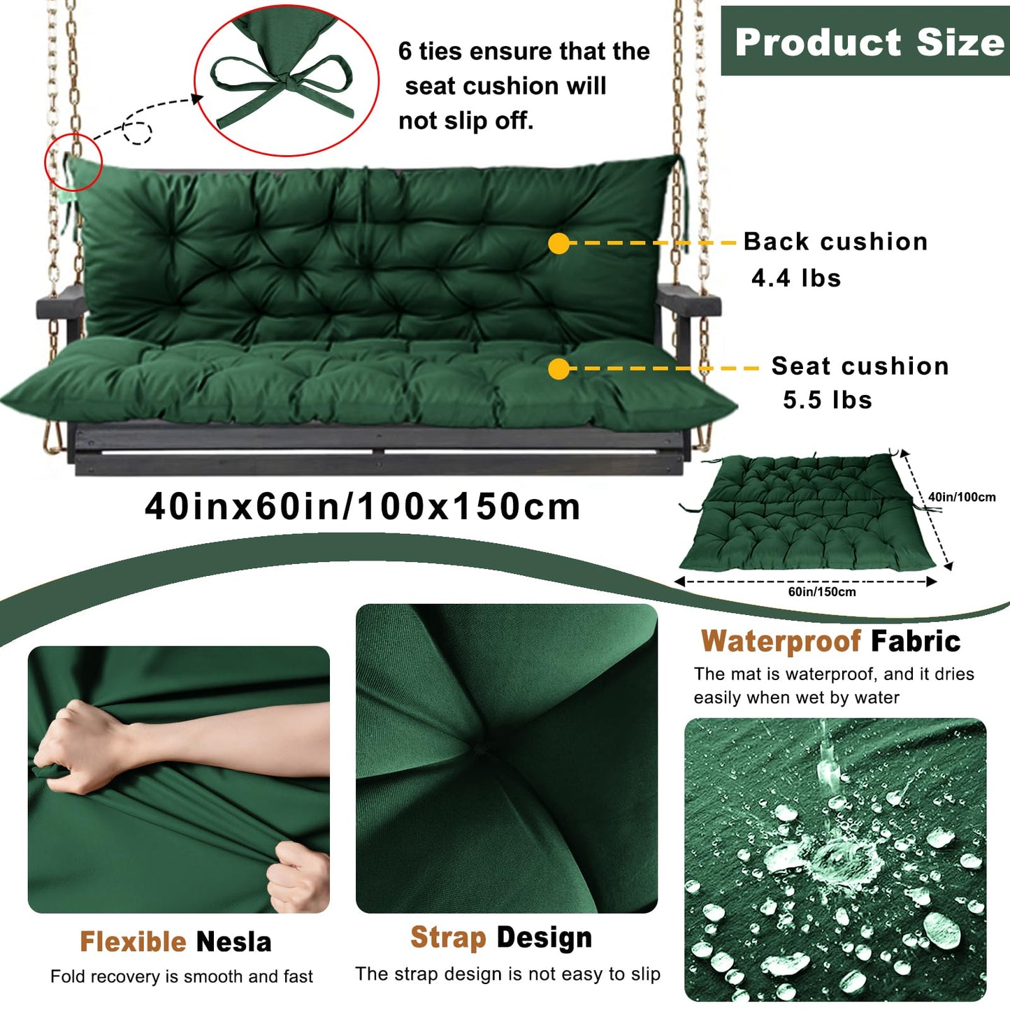 HIYEN Porch Swing Cushions 3 Seater Replacement, Waterproof Bench Cushions for Outdoor Furniture with Backrest, 4" Thickened Patio Swing Cushion with Ties (Dark Green, 60 * 40 inch)