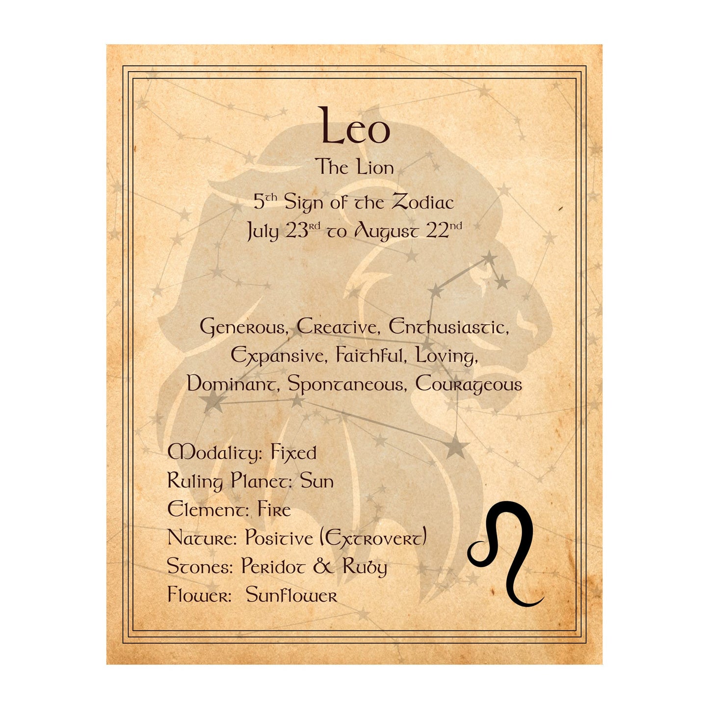 AMERICAN LUXURY GIFTS Leo The Lion Zodiac Constellation - Spiritual Horoscope Wall Art - Inspirational Home Office Bedroom Decor - 8x10 Unframed Print