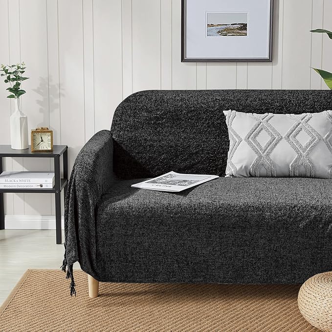 BOURINA Chenille Fluffy Throw Blanket with Decorative Fringe for Couch Cover Sofa Chair Blanket（50×60 Inches） Black