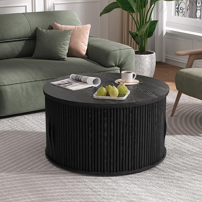 JOINICE 31.5" Black Round Lift Top Coffee Table, Modern Fluted Drum Center Table with Hidden Storage, Minimalist Circle Wood Desk for Living Room & Small Apartment