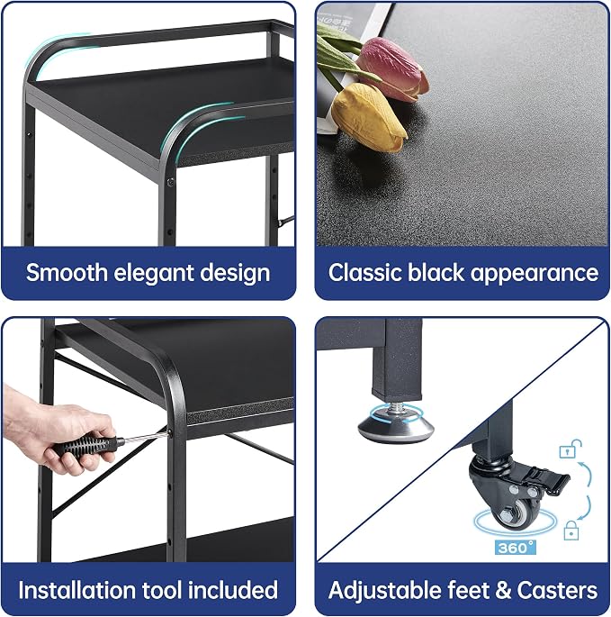 Fannova 2 Tier Under Desk Printer Stand with Storage, 20 Inches Deep Large Printer Table with Height Adjustable Shelf, Rolling Printer Cart with Wheels for Home Office - Black