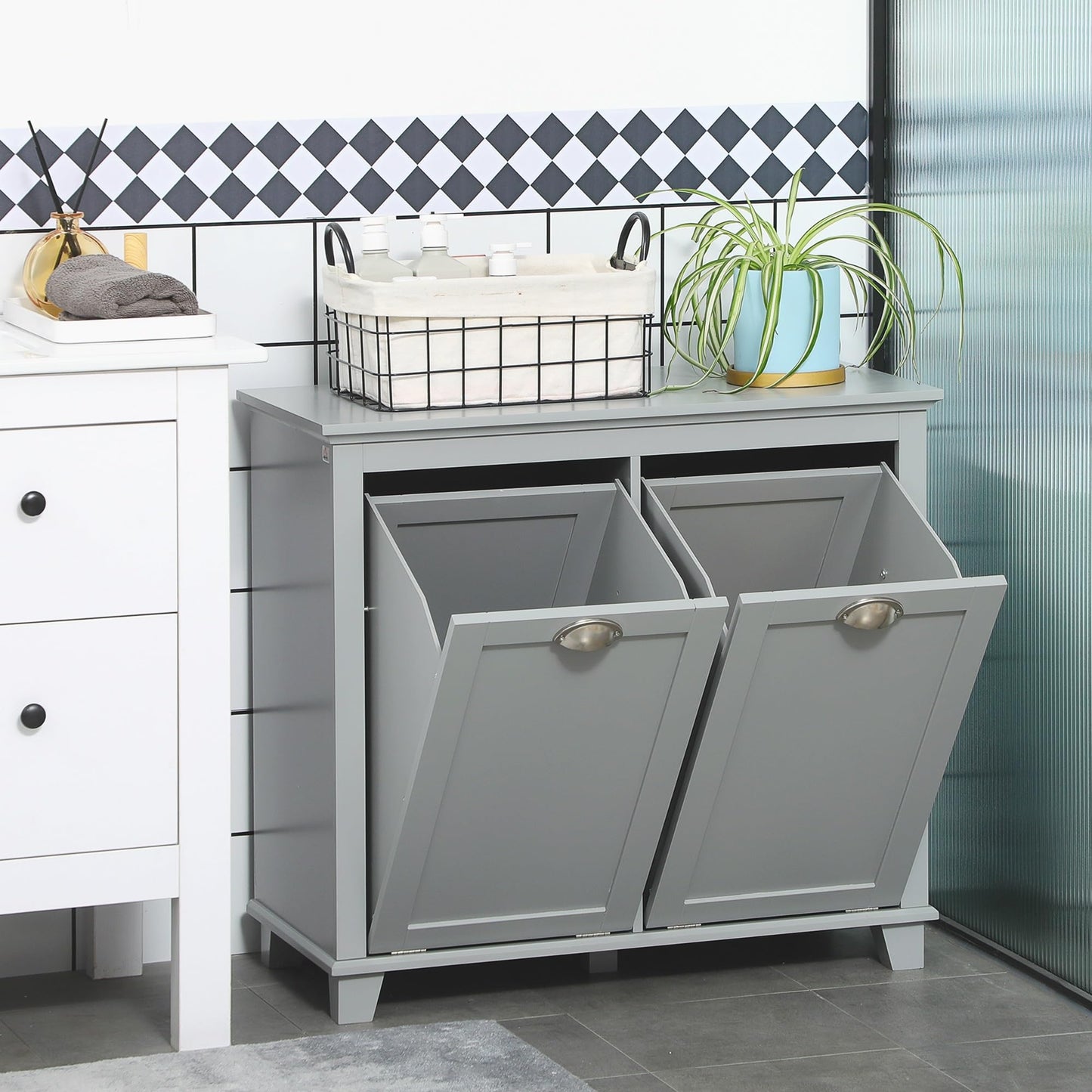 Modern Tilt-Out Laundry Sorter Cabinet, Bathroom Storage Organizer with Two-Compartment Tilt-Out Hamper,Used in Restaurants