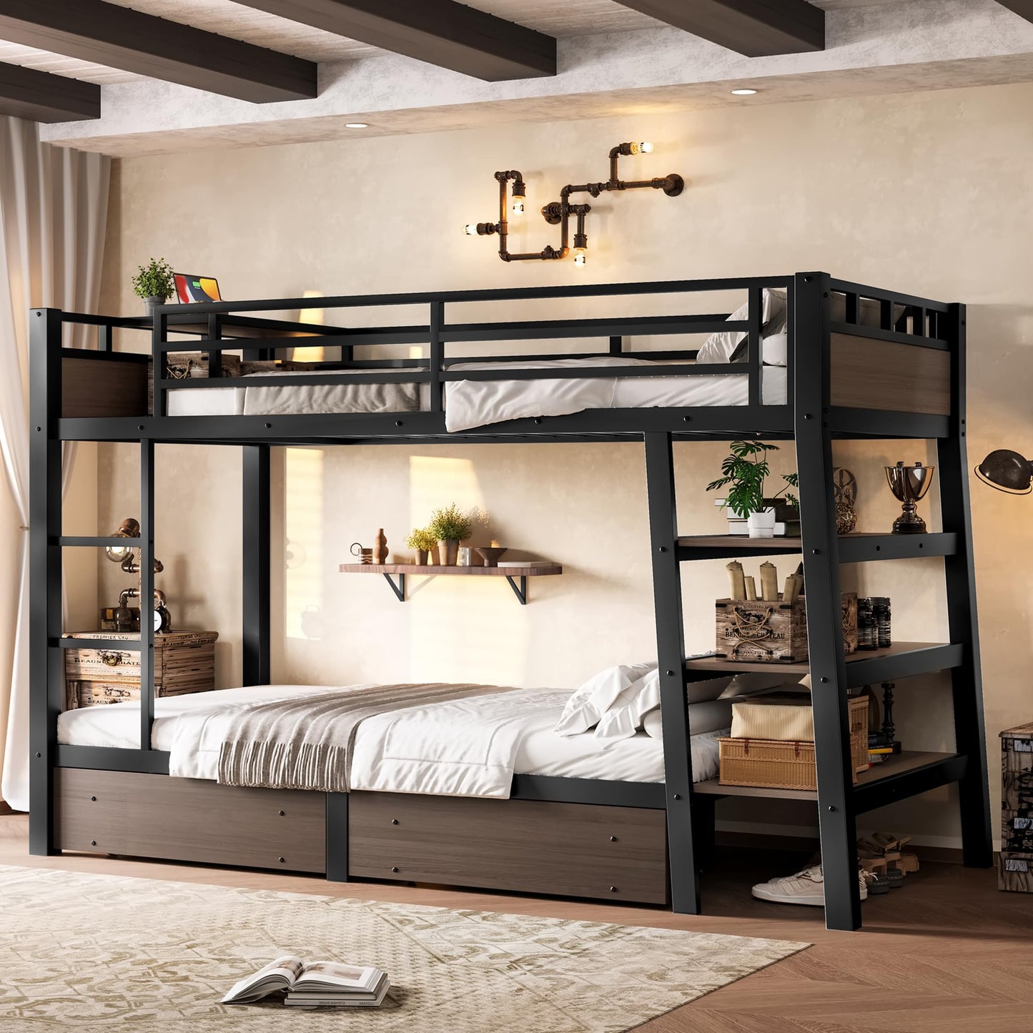 Bellemave Twin Size Bunk Bed with Storage Drawers and 3-Tier Shelves, Twin Bunk Bed with Charging Station and Lights, Heavy Duty Metal Bunk Beds for Teen, Adults