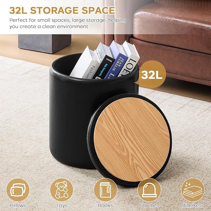 oakvivo Round Ottoman with Storage Set of 2, 12.6" W x 14.17" H & 14.76" W x 17.32" H Faux Footstool Storage Ottomans for Bedroom, Living Room Padded Coffee Table Ottomen, Black