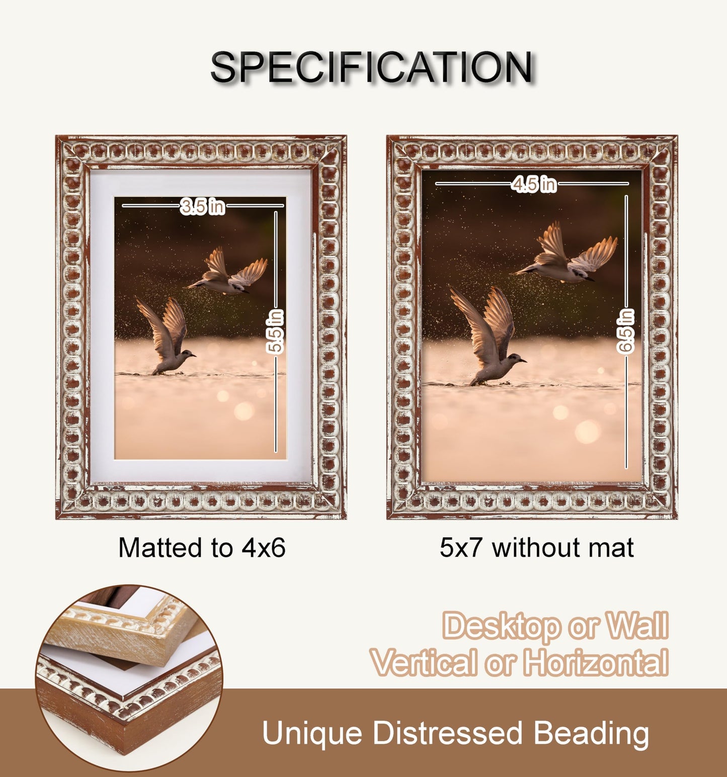 ScandiNest 5x7 Rustic Picture Frame, Decorative Distressed Beaded Detailing, Natural Pine Wood with Real Glass, Matted to 4x6 Photo, Gallery Wall and Tabletop Display, Brown