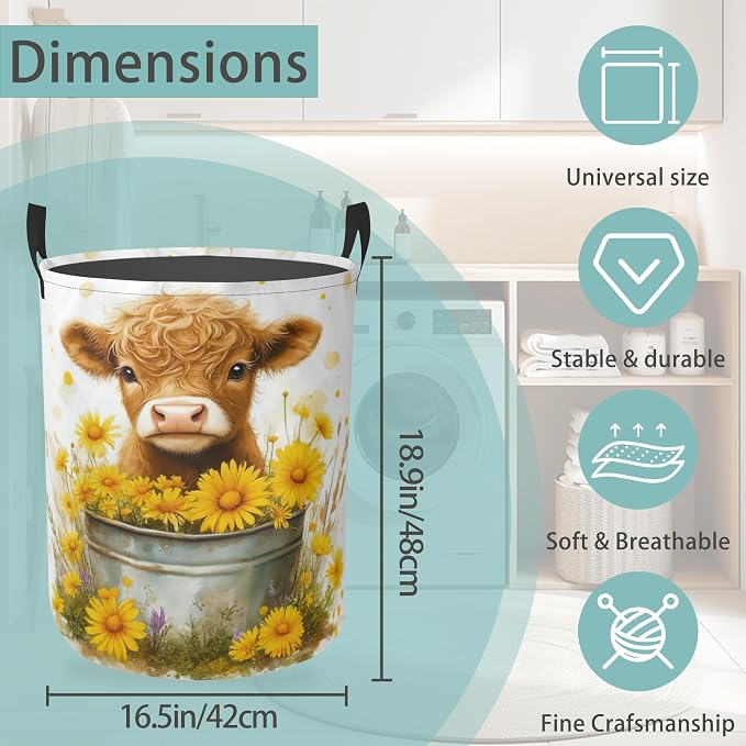 Cute Highland Cow Round Laundry Basket Collapsible Laundry Hamper with Handles Toys Clothes Organizer Bin For Home Bathroom Bedroom Dorm Nursery