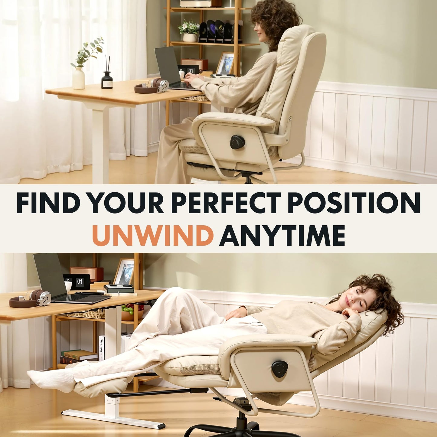 FLEXISPOT Ergonomic Office Chair with Footrest High Back Computer Desk Chairs Indoor Lounge Chair with Wheels 90-165° Reclining Lumbar Support, Chairs for Working Relaxing Cross Legged, Leather, White