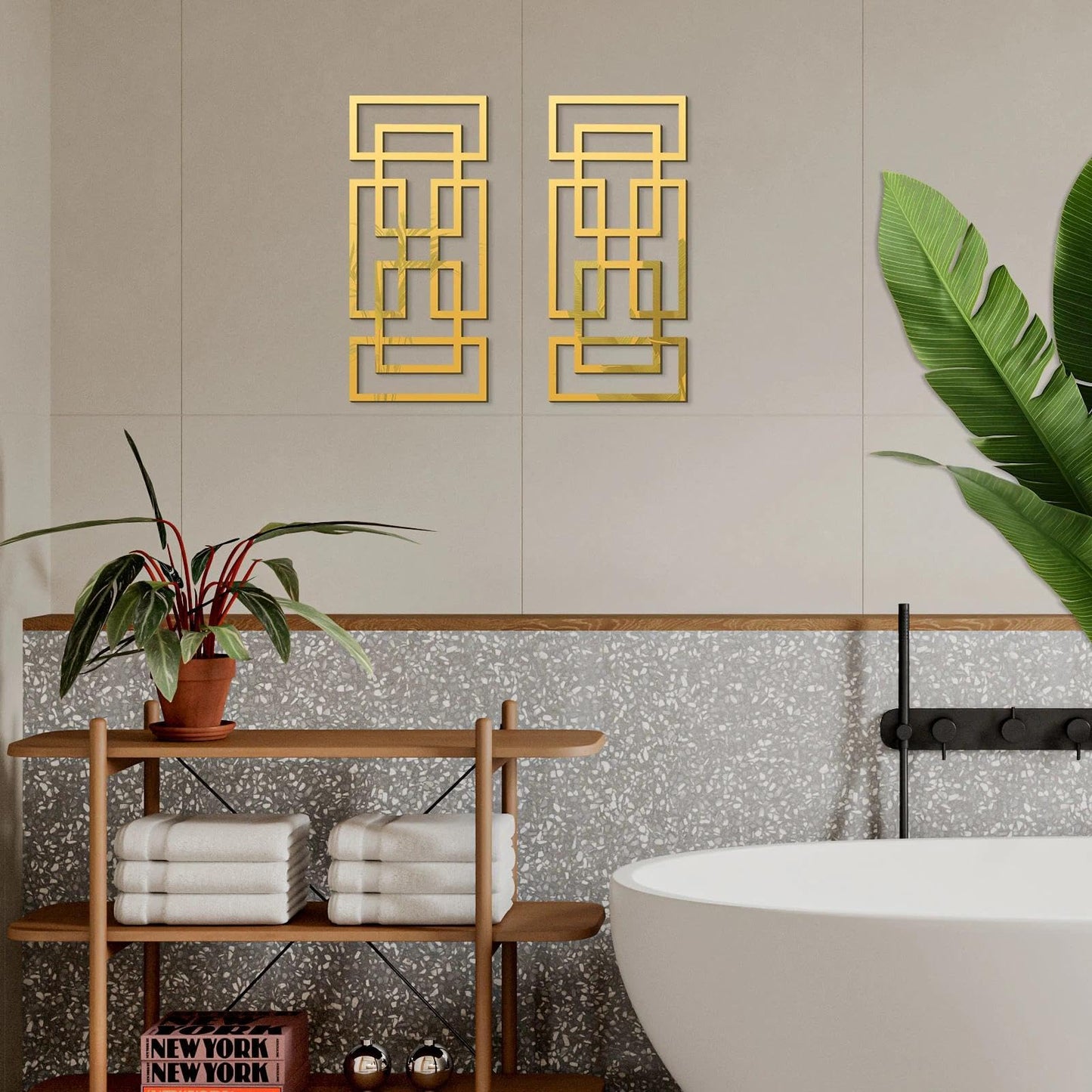 flangairy 2 Piece Gold Rectangular Wall Mirrors, 15.7×7 Inch Geometric Wooden Frame Acrylic Wall-Mounted Modern Mirror Decor for Bathroom Bedroom Living Room Office Farmhouse Home Decorations